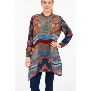 Johnny Was‎ XS Button Front Tunic Top Boho Patchwork Floral Paisley Rayon Flowy